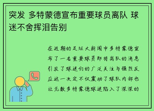 突发 多特蒙德宣布重要球员离队 球迷不舍挥泪告别