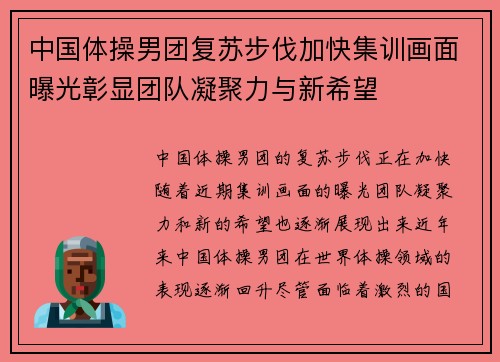 中国体操男团复苏步伐加快集训画面曝光彰显团队凝聚力与新希望